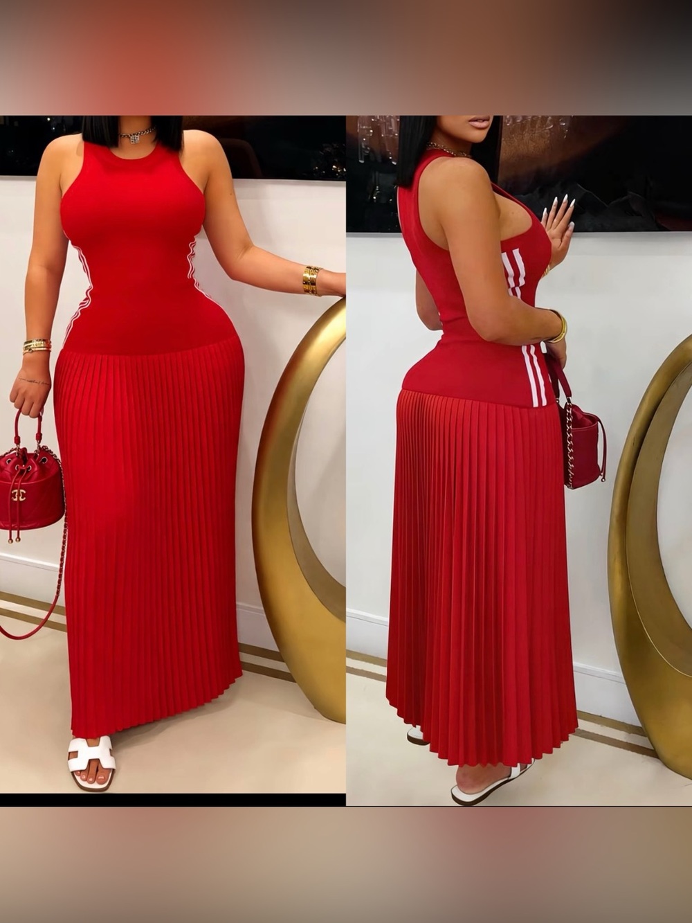 Red Sleeveless Pleated Maxi Dress with Side Stripe